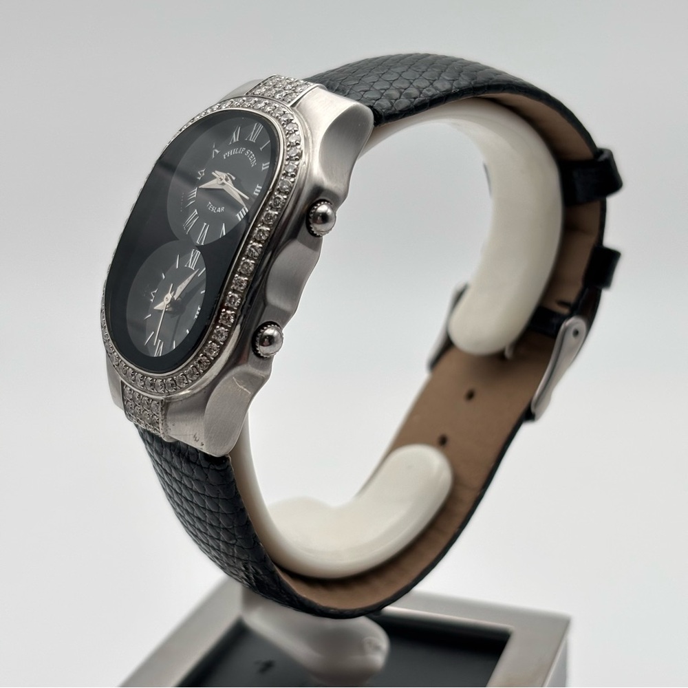 Philip Stein Teslar Dual Time Diamond Bezel Watch 45mm Lizard Strap - Picture 3 of 10